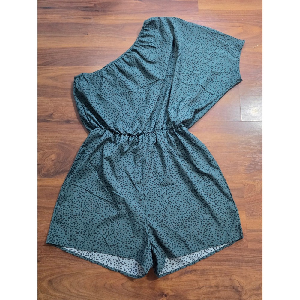 NWT SHEIN Romper Medium Green Dalmatian Print One Shoulder Asymmetrical US 6